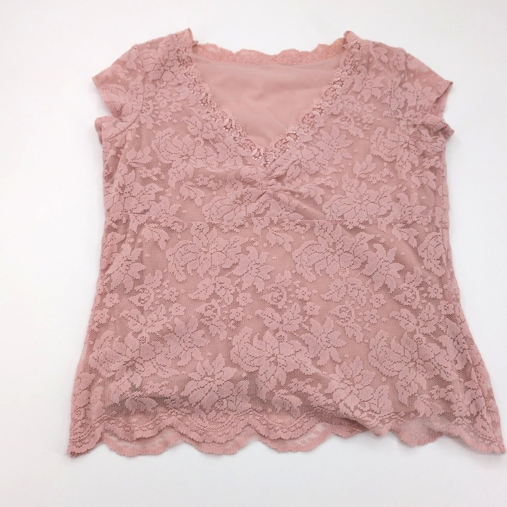 Pink Floral Lace Blouse XS Scalloped Hem VNeck Cap Sleeve Romantic Y2K Soft Girl